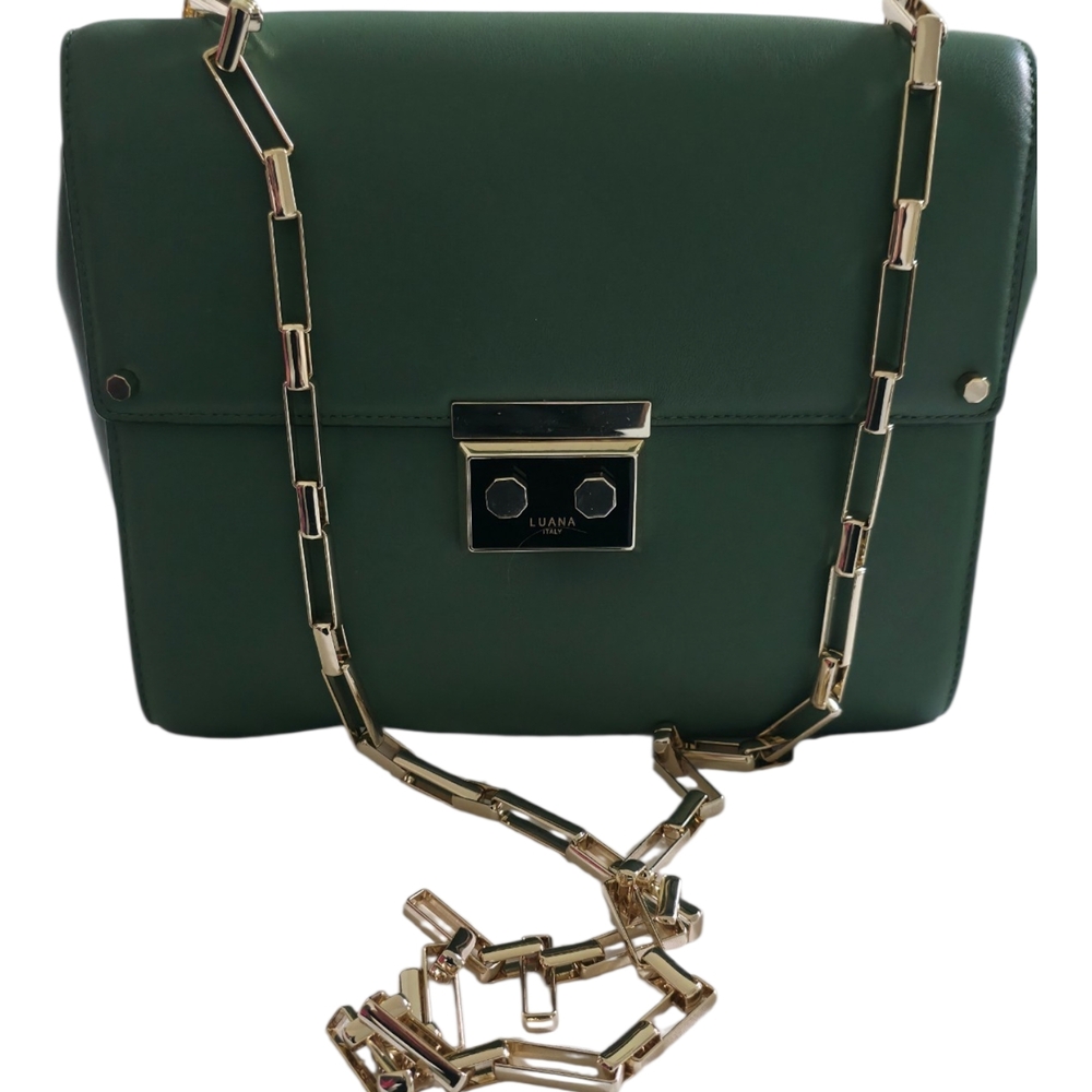 Luana Emerald Green Leather Crossbody with Gold Chain